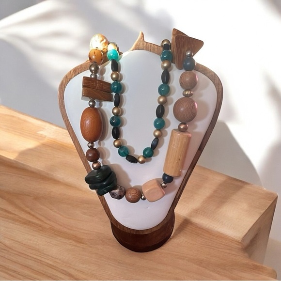 Jewelry - Brown and Green Beaded Necklace with Natural Stone Accents 2 necklaces